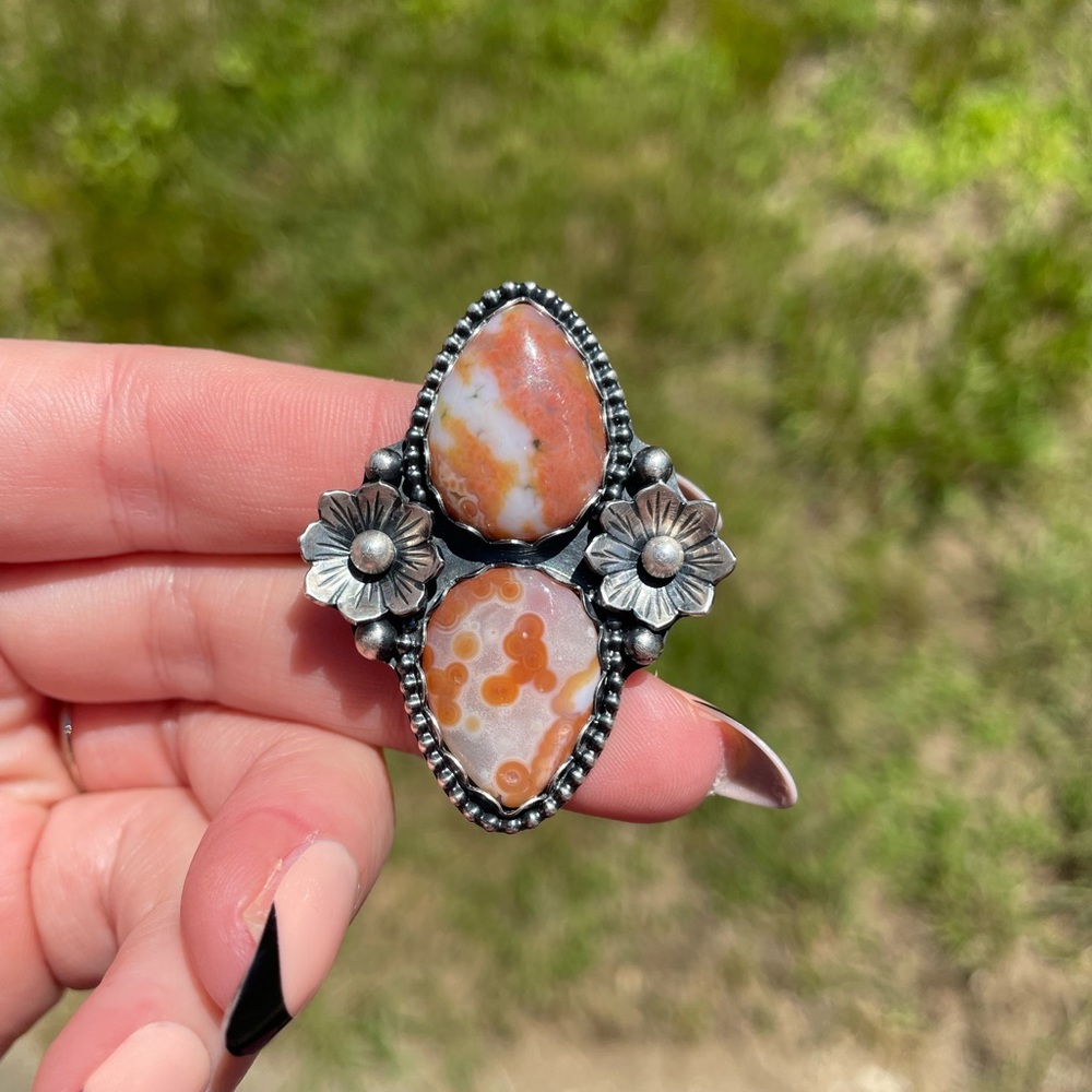 Jasper flower sterling silver ring size 9